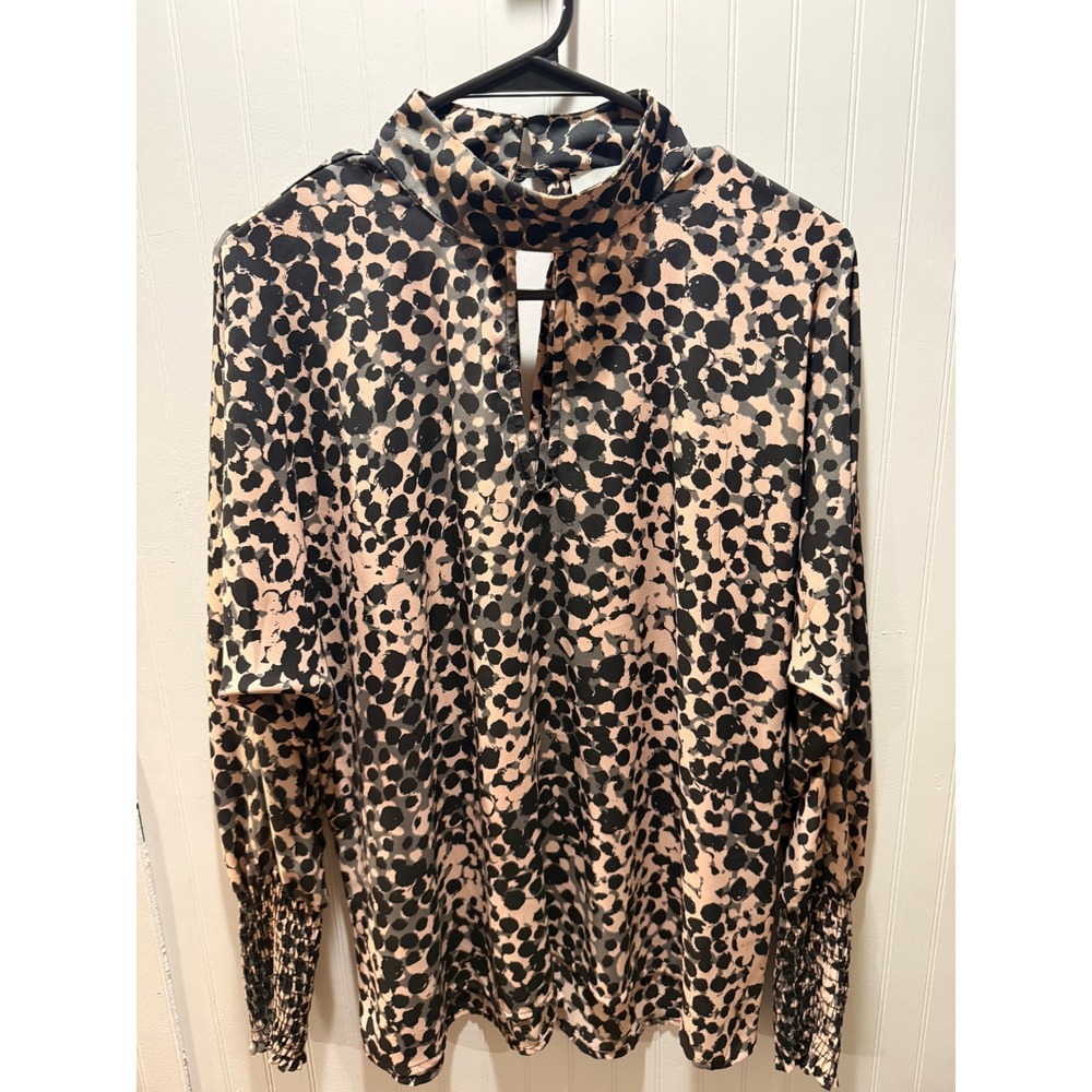 Allison Joy Mock Neck Smocked Cuff Blouse Pink Black Animal Print Small